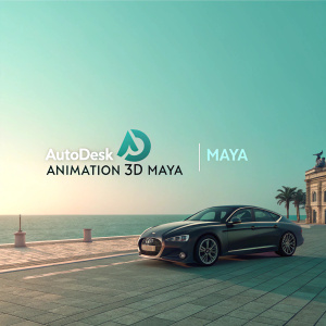 Digital artwork showcasing the Autodesk Maya logo in sleek design. Text 'Animation 3D Maya' in retro font style, on a soft teal background.