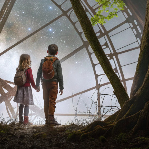 Martin Scorsese's masterpiece, 'Hugo', a young girl and boy journey through a magical world. A captivating blend of fantasy and history, against a backdrop of stars.