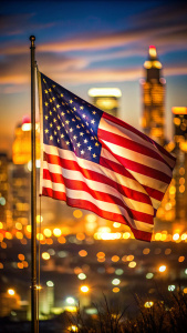 American flag with city lights background at night