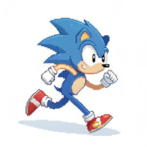 Pixel art image of Sonic the Hedgehog. Dynamic poses showcasing agility and movement. Classic blue outfit with red accents, plain white background, blocky shapes and limited colors.
