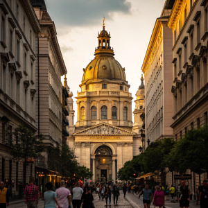 St. Stephen's Basilica in Budapest, Hungary. Towering structure with golden dome amidst bustling crowd.