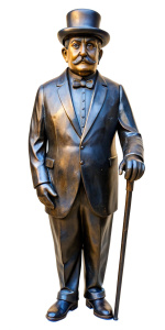 A statue of Hercule Poirot as played by David Suchet, a bowler hat on his head, fine mustache, hands in gloves, with a walking cane