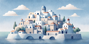 White illustration, Rene magritte style, isolated surrealistic collage of a lot of old greece houses and trees on island, huge ocean and big sky, light pastel colors, asymmetrical composition, zoom out view, grainy texturing paper