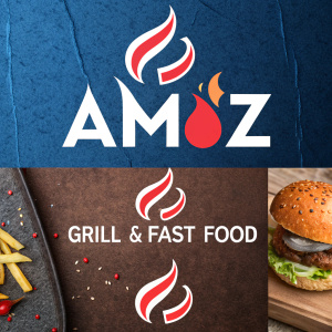 Four vibrant logo concepts for Ami'z Grill & Fast Food. Each design features a sleek flame icon paired with the brand name 'Amiz Grill & Fast Food' in a contemporary font. A dynamic blend of blue, red, white, and dark hues against a textured backdrop.