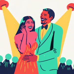 Kim Kardashian and Nick Cannon, laughing together, during a lively awards show. Bright stage lights