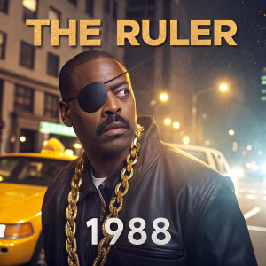 Vintage poster of Slick Rick. Wearing a gold chain and an eye patch, looks intense. Urban cityscape, yellow taxi cabs and bright lights in background. Emphasizes 'The Ruler's' and 1988 release date.