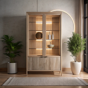 create a scandinavian style carbinet in room. Let be glass with light,4 door with handle, circle handle with oak and travertine. İndoor plant, carpet,
light in the 
showcase,beige