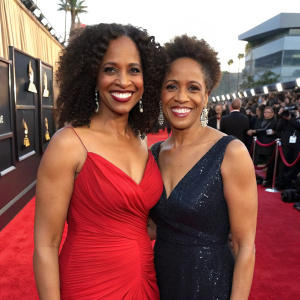 Kimberly Ruffin and Cheryl Ruffin flashing smiles at the glamorous Grammy Awards. Red carpet setting.