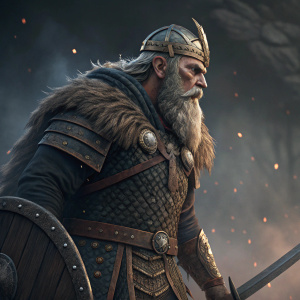 3D model of a Viking warrior, detailed facial features, prominent beard, and weathered face. Dark, smoky background