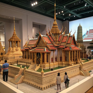 A detailed miniature replica of Bangkok's Grand Palace, displayed in a museum. Intricate carvings and designs.