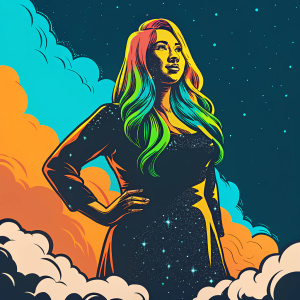 Wengie at the MTV Video Music Awards. Her multi-ethnic background and vibrant hair color, a blend of blonde, pink, and blue, draw attention. She's in a black sequined dress. Glittering starlit sky background.