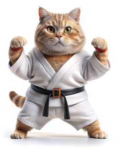 Fat cat, cute, funny, taekwondo, thin writing white background The meaning is clearly conveyed.