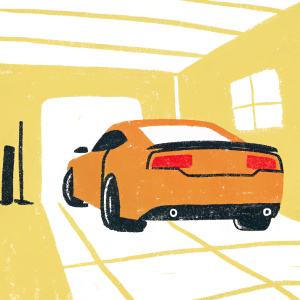 A custom widebody Dodge Charger SRT Hellcat Redeye glides through a dimly lit garage. The car's sleek red exterior and distinctive red taillight are highlighted by the interplay of light and shadow.