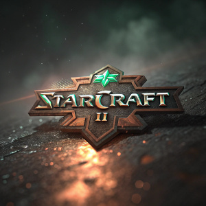 A high-tech digital illustration featuring a 3D logo of StarCraft II. The background is dark and filled with a grainy texture. The logo's metallic surface, predominantly copper and green, is rough with tiny sparkling particles. Dramatic lighting creates a shadowed effect, enhancing the overall depth and realism.
