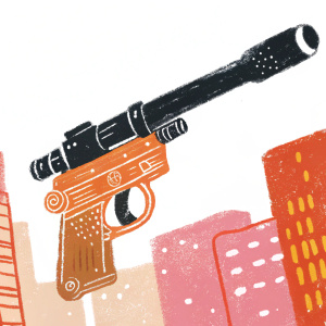 A detailed depiction of Han Solo's iconic DL-44 blaster. Set against a neon-lit cityscape at night. Bold, sleek design with visible wooden grip and metallic barrel. 