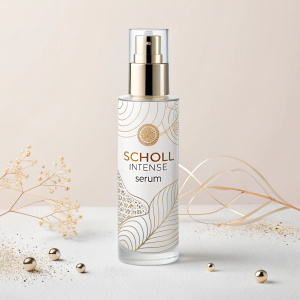 Sophisticated packaging design for Scholl Intense Serum. Modern minimalist style with sleek bottle and premium branding.