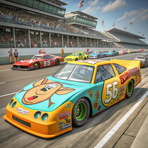 Scooby-Doo themed race car, parked in a bustling race track area. Spectators and other race cars visible in the background.