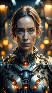 Emily Blunt as cyborg, military robot, warframe, character design, detailed face, highly detailed, intricate details, symmetrical, digital 3d, hard surface, real-time, vfx, volumetric lighting, ambient light, ultra hd, hdr