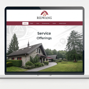 Homepage for Ridwang, featuring Ridwang logo prominently. Top navigation bar includes social media icons. Multi-lingual site with German text. Service offerings detailed in main content area. Footer includes additional links and contact information.
