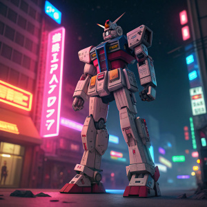 Digital artwork of RX-78-2 Gundam from Ready Player One series. Lively pose, neon lights background