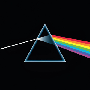 George Hardie's iconic 'Dark Side of the Moon' album cover for Pink Floyd. Bold prism spectrum graphic.