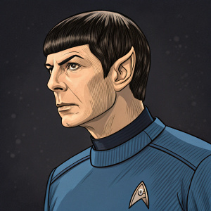 Digital illustration of Spock, Star Trek character, in a detailed cartoon style. Focused expression, pointed ears, and detailed uniform. Dark background. Text description alongside the portrait.
