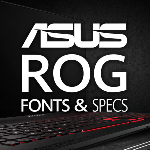 High-resolution digital design showcasing the ASUS ROG font. The page features the title 'Fonts & Specs' with the full alphabet and common keyboard symbols in white text on a black background.
