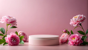 Creative composition for product advertising. Empty round podium platform stand for beauty product presentation and beautiful peonies flowers around on pink background. Front view