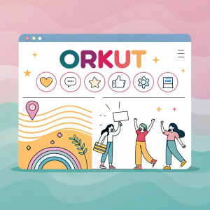 Vintage Orkut homepage design. Bright colors, wavy line banner, 'Orkut' logo prominently displayed