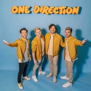 One Direction band members, Louis Tomlinson, Liam Payne, Niall Horan, Harry Styles, and Zayn Malik, posing for a photo shoot. Wearing matching green bomber jackets. Bright, colorful backdrop featuring their band name in large letters.