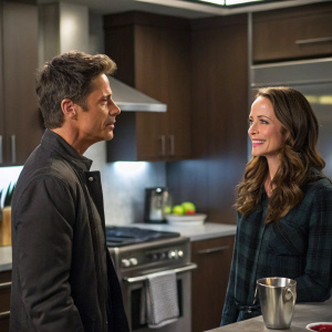 Rob Lowe and Amy Acker in a dramatic scene. Kitchen setting with modern appliances. Rob Lowe looks intense, Amy Acker has a warm smile.