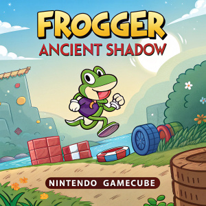 Video game cover art for Frogger: Ancient Shadow, featuring a cartoon frog on a vibrant, adventurous backdrop. Nintendo GameCube release.