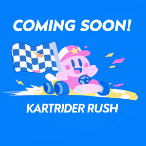 Promotional banner for 'KartRider Rush', launching soon. Vibrant teal background with a playful cartoon racer character in mid-action. 'Coming Soon!' in bold, multilingual text. Fun, dynamic design emphasizing the game's excitement.