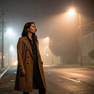Olivia Munn, in a brown trench coat and black blouse, standing alone on a foggy street at night.