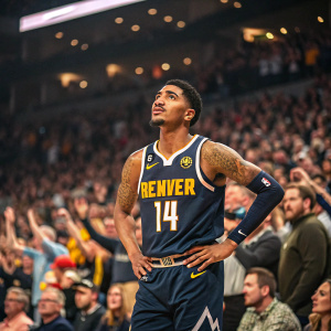 Gary Harris, basketball player, wearing Denver Nuggets jersey. Number 14. Inside a packed arena. Intense expression, spectators in background