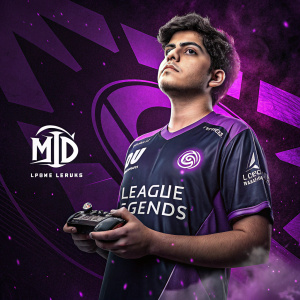Confident young Hispanic gamer in a League of Legends Mid Laner jersey. Dark abstract background with purple hues. Ad for gaming event.