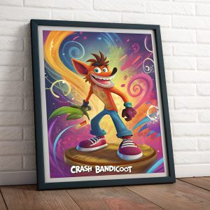 Framed artwork featuring Crash Bandicoot. Vibrant colors, abstract background. Graphic label included.