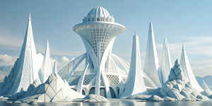 White illustration,  Wes Anderson style, 
 structural aesthetics, collage of many complex metal architectures, the bigest ocean and huge sky, white, more clear background, gain paper