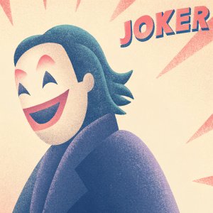 Joker, Batman villain, in a vibrant pop art style. Bright yellow background with bold comic book text