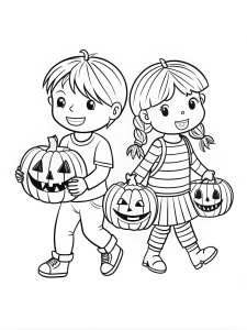 Kids with pumpkin-shaped candy bags