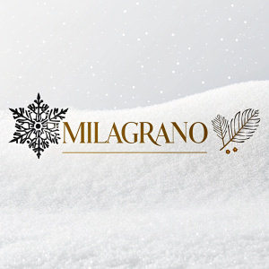 Milagrano logo showcasing a minimalist snowflake alongside the brand's name in a stylish, modern font. Winter-themed design with a sleek, sophisticated appearance.