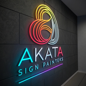 Akata Sign Painter's logo. Modern, sleek design. Neon colors blend into vibrant swirls, creating a bold, eye-catching effect.