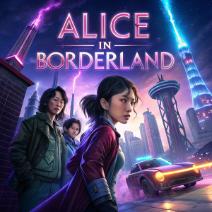 Promotional image for Alice in Borderland. Futuristic cityscape, neon lights, and diverse group of young Asian individuals in dramatic poses.