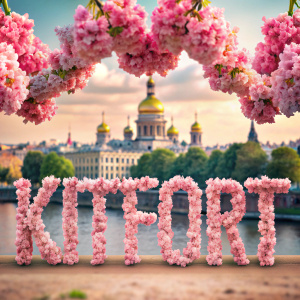 "Kitfort" bold typography, made of fluffy pink peach flowers, saint-petersburg background