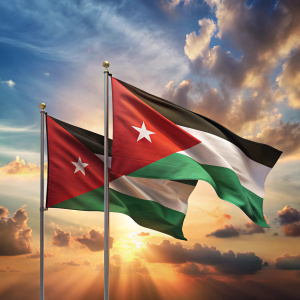 The flags of the countries of Palestine, Jordan, Syria and Lebanon in the sky