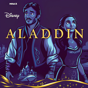 Promotional poster for 'Aladdin'. Central focus on Aladdin and Jasmine in a vibrant, magical Middle Eastern setting. Rich color palette of gold and purple. Aladdin in a detailed blue vest, Jasmine in a flowing, bejeweled dress. Expressions of curiosity and determination. Disney logo prominently displayed. Release information and 3D/IMAX 3D format details included. Traditional fantasy art style.