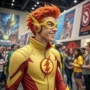 Kid Flash, aka Wally West, with bright red hair and a smile, stands confidently. His costume is bright yellow with lightning bolts. He wears sunny yellow goggles. Surrounded by a colorful crowd at a Comic-Con event.