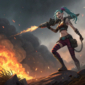 Digital artwork of Jinx from LoL. She's depicted in a dynamic pose with a fiery explosion in the background