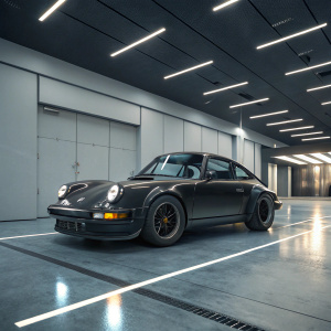 A highly detailed 3D model of a matte black Porsche 911 Carrera RS parked in a futuristic garage.