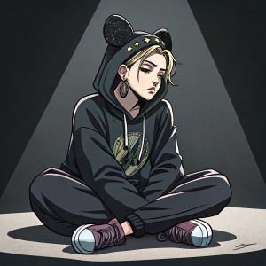 Jolyne Kujo from JoJo's Bizarre Adventure, sitting cross-legged with a solemn expression. She wears a black hoodie and headgear. The background is a stark, dark silhouette. The artwork style is flat and bold, with a limited color palette typical of anime.